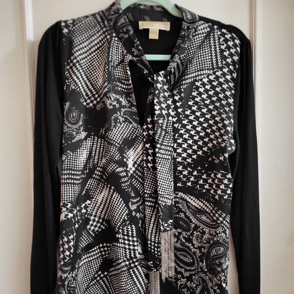 MICHAEL KORS Patchwork Mixed Media Tie-Neck Blouse size Medium